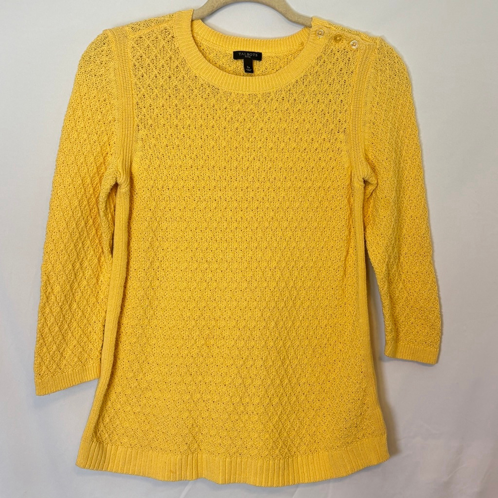 Talbots Petites Yellow Knit Sweater SP Button Shoulder 3/4 Sleeve Pima Cotton